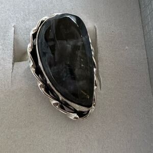 💕 Handmade silver‎ overlay black agate Pear Statement Ring Size adjustable